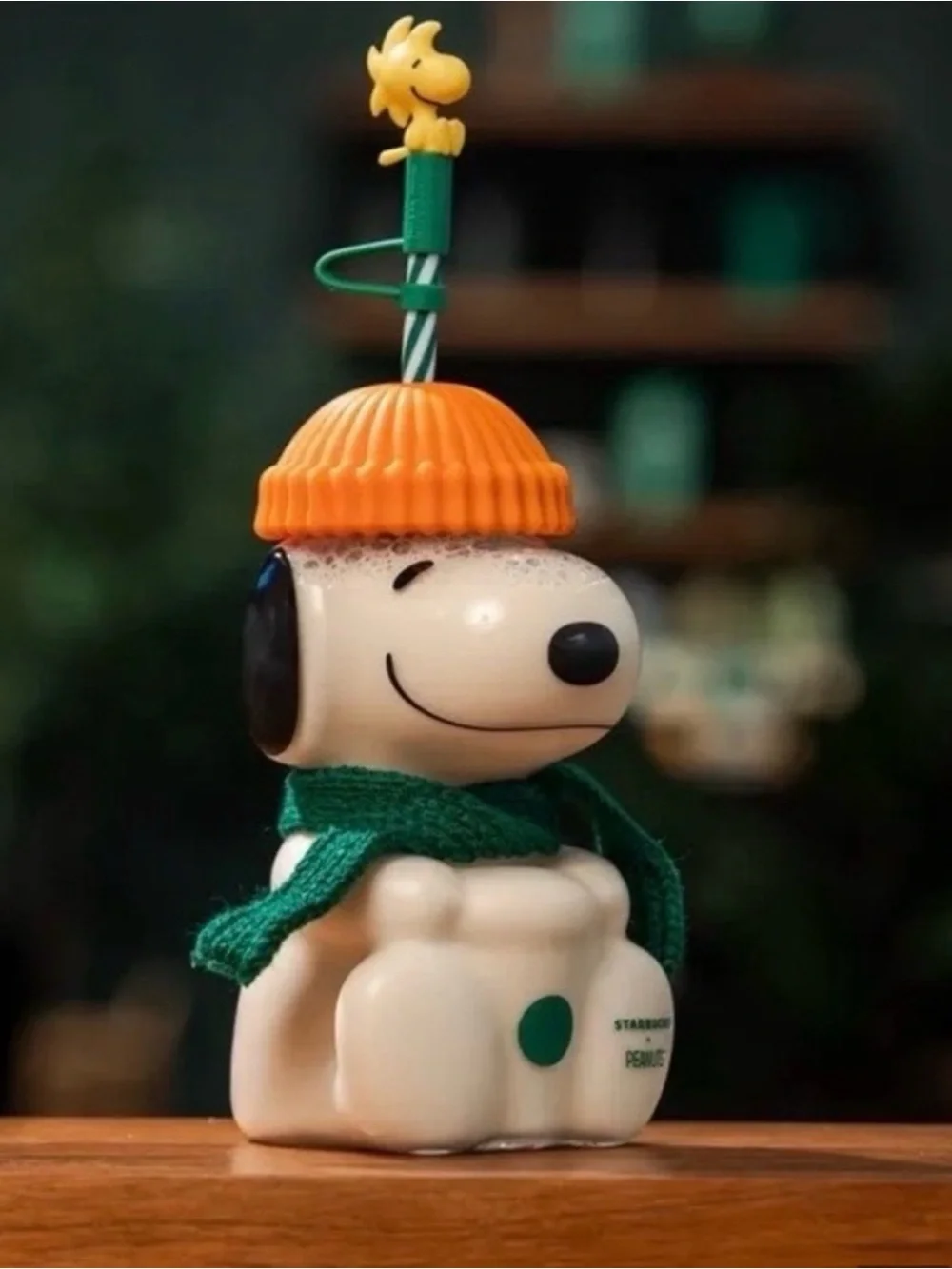 Starbucks Clear Snoopy Glass Mug with Orange Hat and Green Scarf